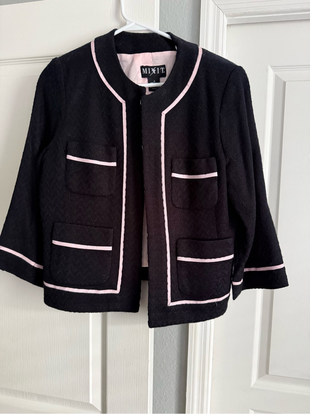Vintage Mixit Black Tweed Cropped Jacket with Pink Trim